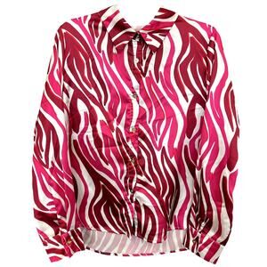 Women's Satin Magenta + White Whimsical Button Down Blouse Size Medium